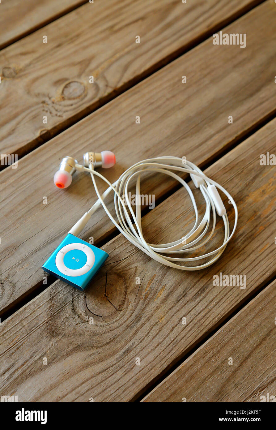 Music player on wooden desk Stock Photo