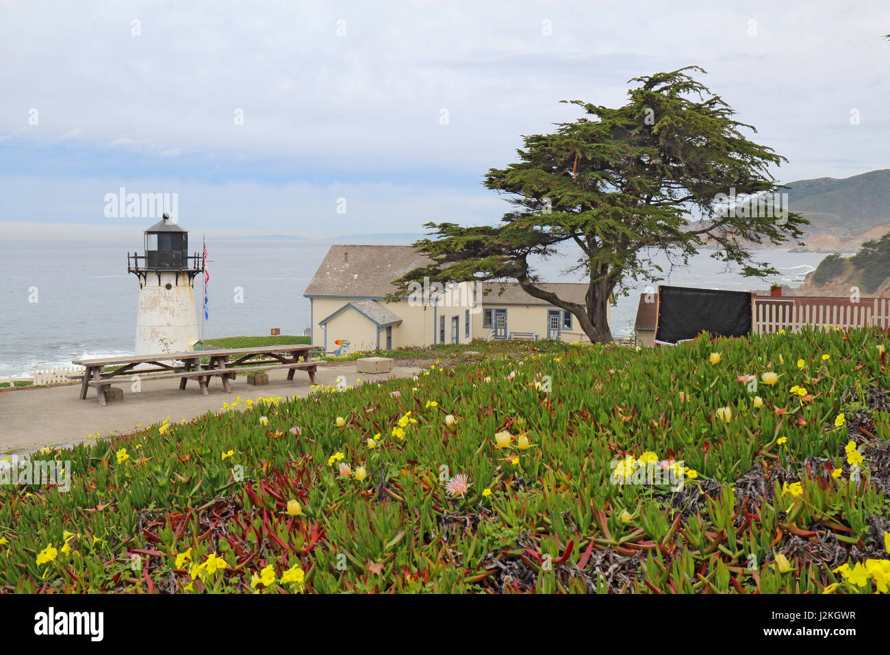 The Point Montara Fog Signal and Light Station off of California Highway 1 approximately 25 miles south of San Francisco on a foggy day Stock Photo