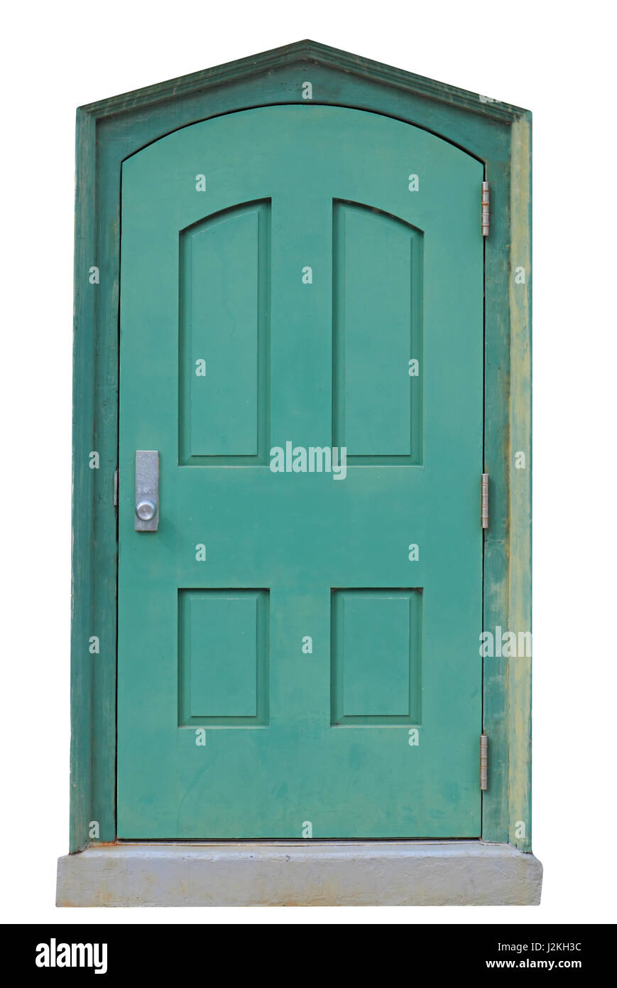 Green, metal, arched door isolated against a white background Stock Photo