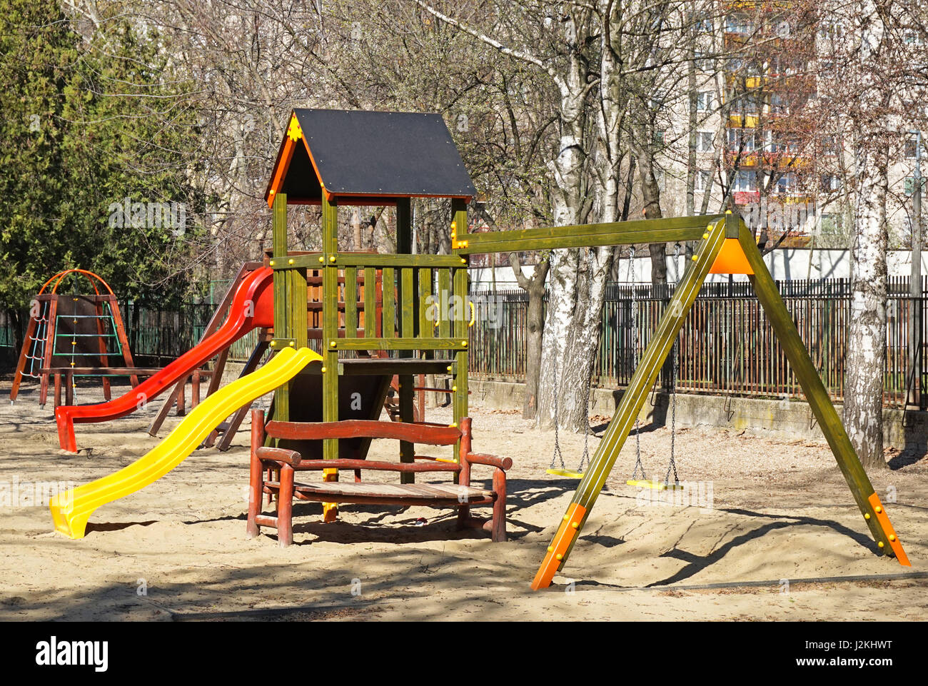 Slides and jungle gym at yard of the kindergarten Stock Photo - Alamy