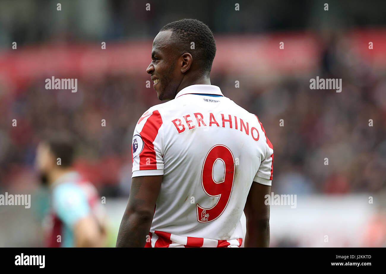 Stoke City's Saido Berahino shows his frustration during the Premier League match at the bet365 Stadium, Stoke. PRESS ASSOCIATION Photo. Picture date: Saturday April 29, 2017. See PA story SOCCER Stoke. Photo credit should read: Martin Rickett/PA Wire. RESTRICTIONS: No use with unauthorised audio, video, data, fixture lists, club/league logos or "live" services. Online in-match use limited to 75 images, no video emulation. No use in betting, games or single club/league/player publications. Stock Photo