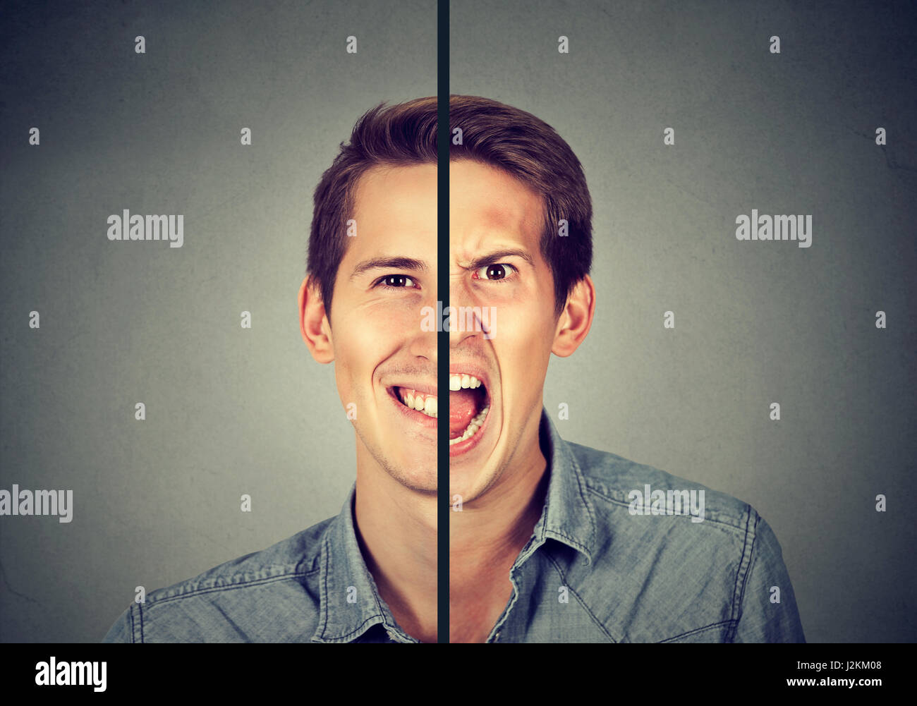 Bipolar disorder concept. Young man with double face expression isolated on gray background Stock Photo