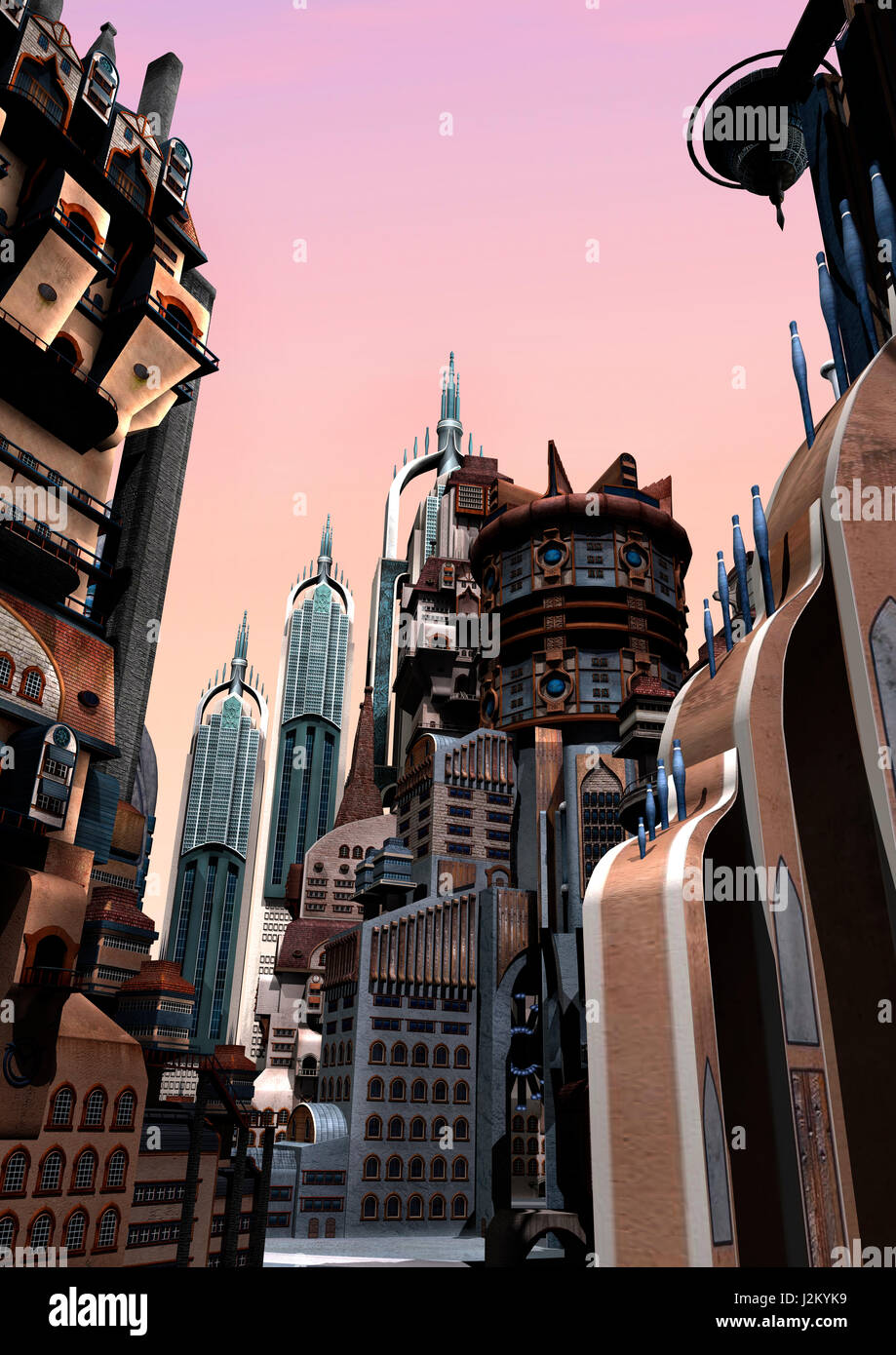 3D rendering of a science fiction futuristic city on pink sky background Stock Photo