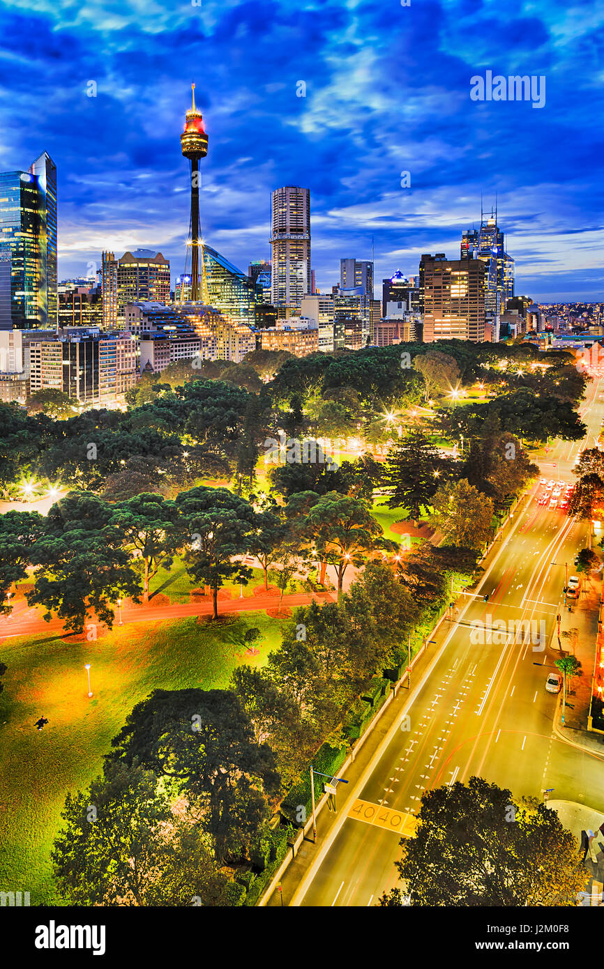 Sydney hyde park and CBD towers at sunset from elevated position. Illuminated city architecture and street roads in vertical view. Stock Photo