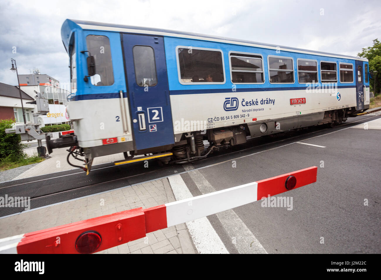 Wagon train for passengers, rail crossing, Czech Republic Train, Europe Stock Photo