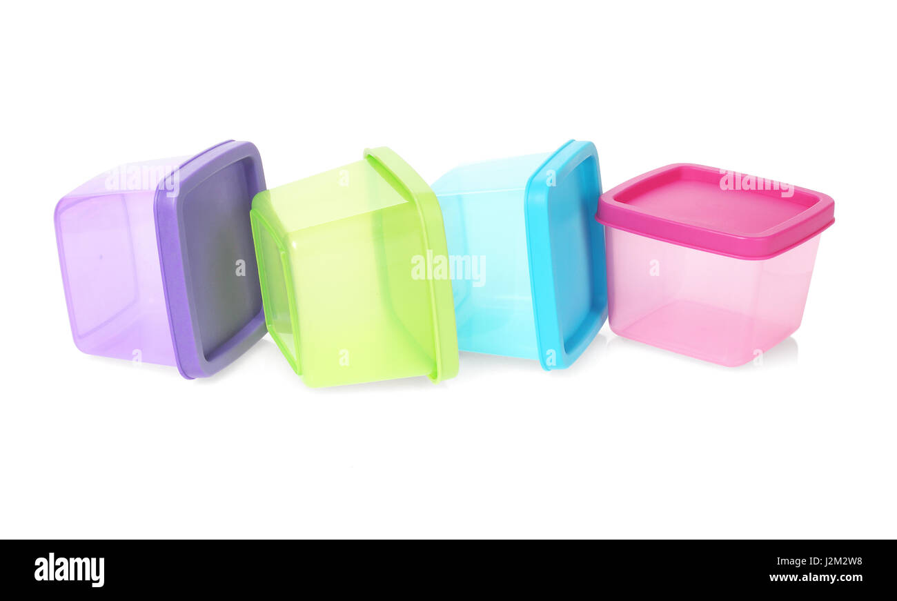 Colorful Rectangular Shape Plastic Containers Lying on White Background Stock Photo