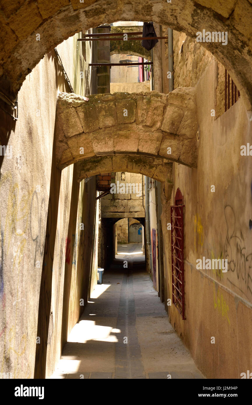 France, Gard, Sommieres, street with arcades Stock Photo