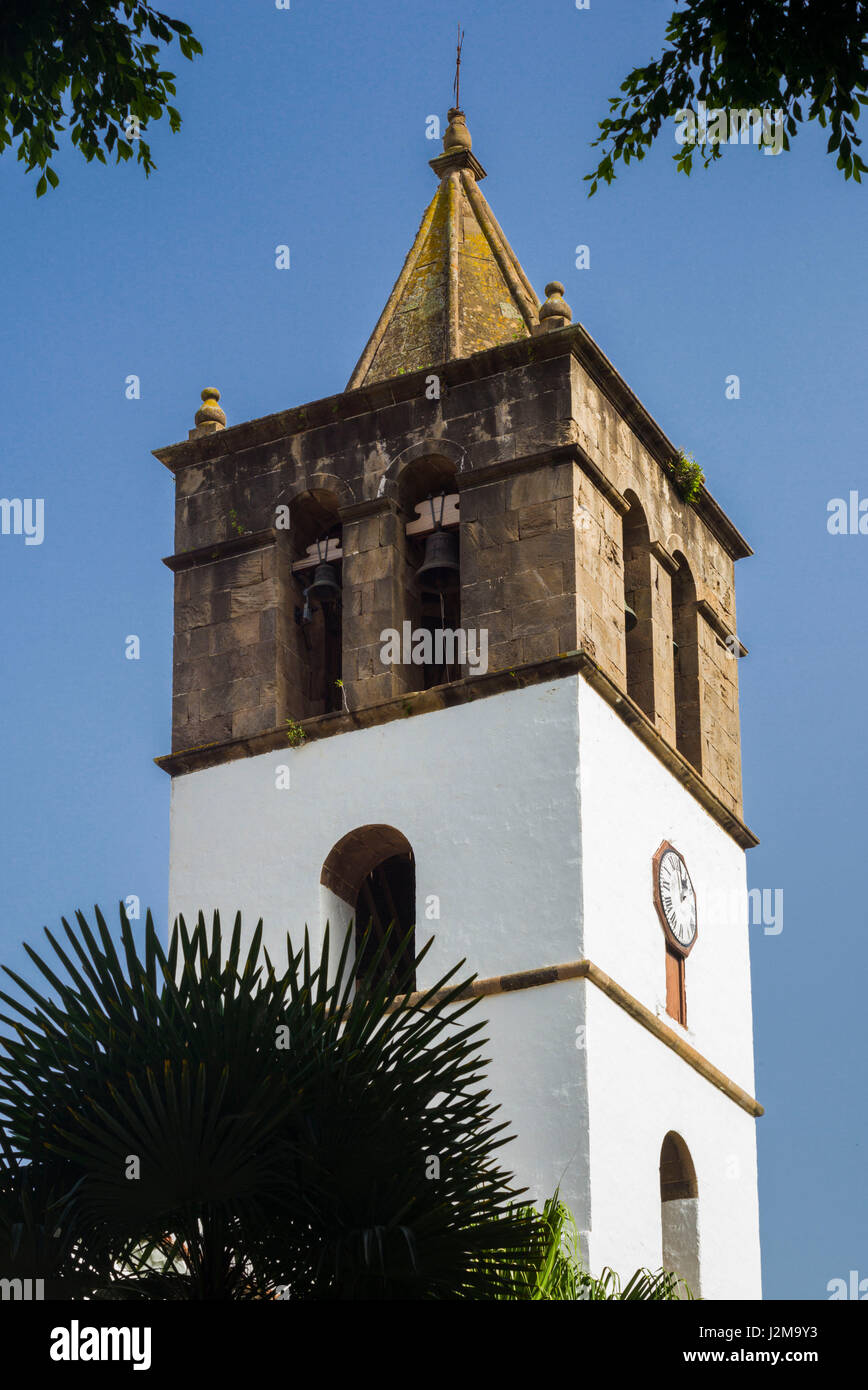 Spain, Canary Islands, Tenerife, Icod de los Vinos, Bell tower of the Iglesia de San Marcos Stock Photo