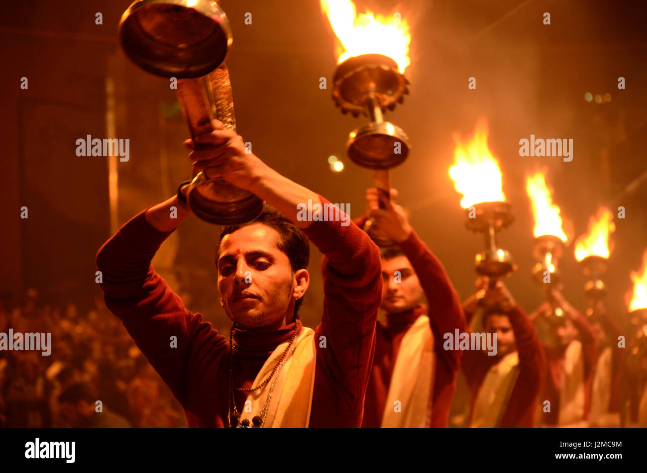 Aarti ceremony at Dashashwamedh Ghat in Varanasi, Uttar Pradesh, India, Asia Stock Photo