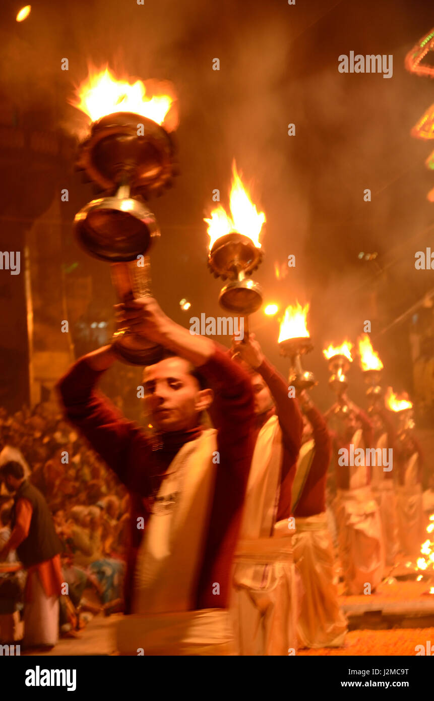 Aarti ceremony at Dashashwamedh Ghat in Varanasi, Uttar Pradesh, India, Asia Stock Photo