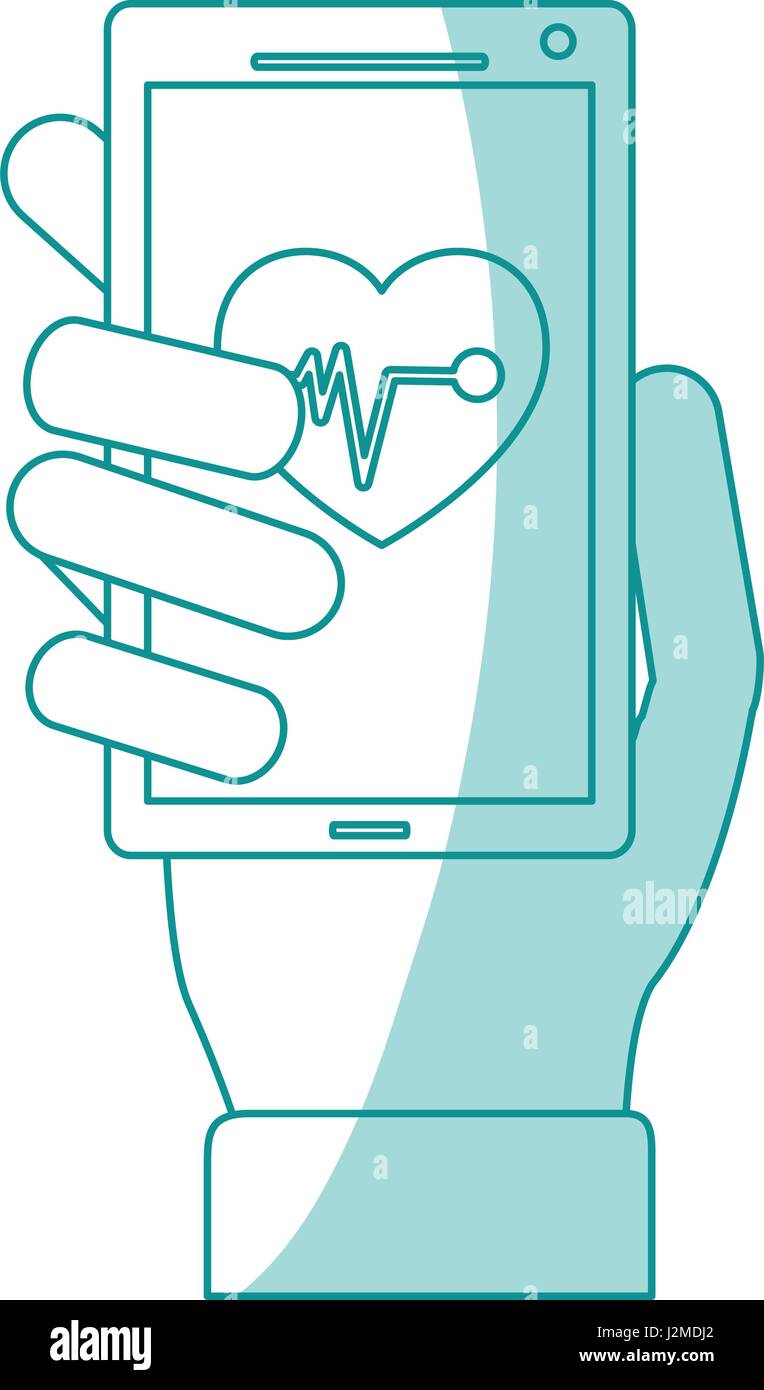 blue silhouette shading hand holding smartphone with app for health ...