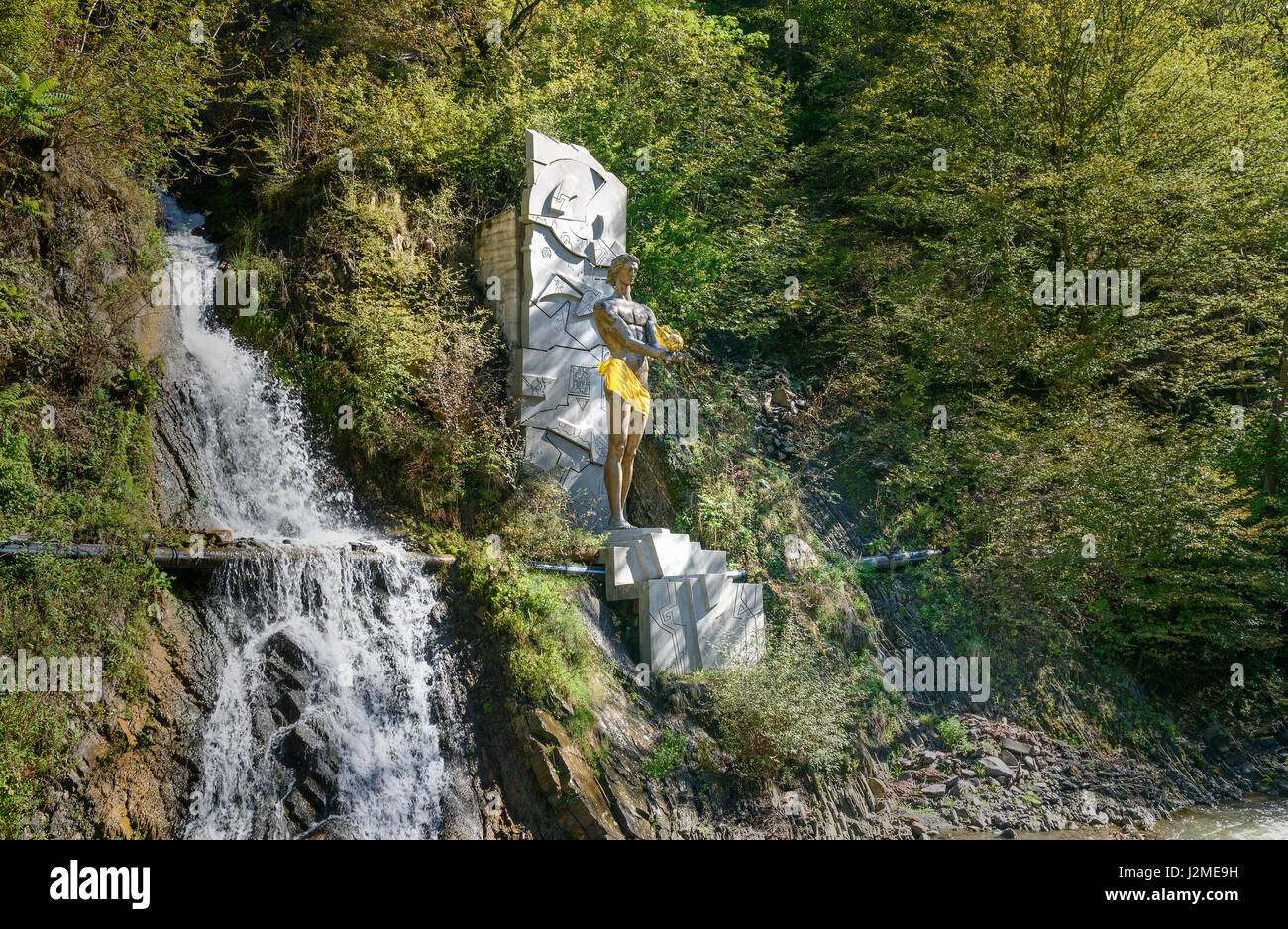 Borjomi, Georgia - October 01, 2016: Monument of Prometheus near waterfall in Mineral water park Stock Photo