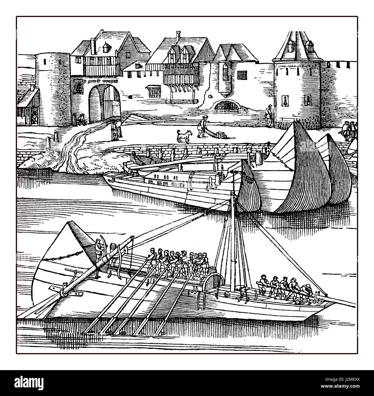 Boats navigating the Rhine river under the walls of Cologne, XVI century engraving Stock Photo