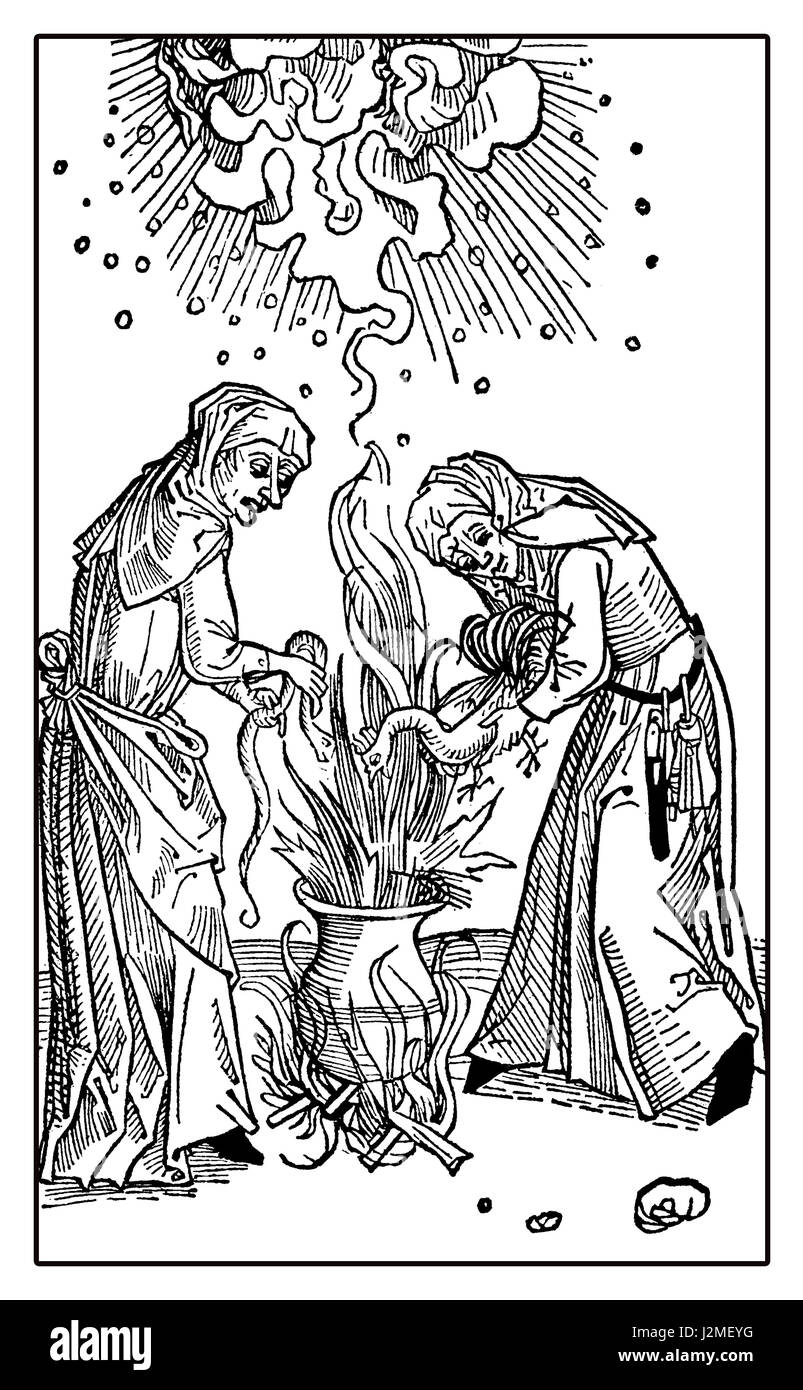 Witchcraft vintage illustration, witches at the caldron on fire flames preparing a potion Stock Photo