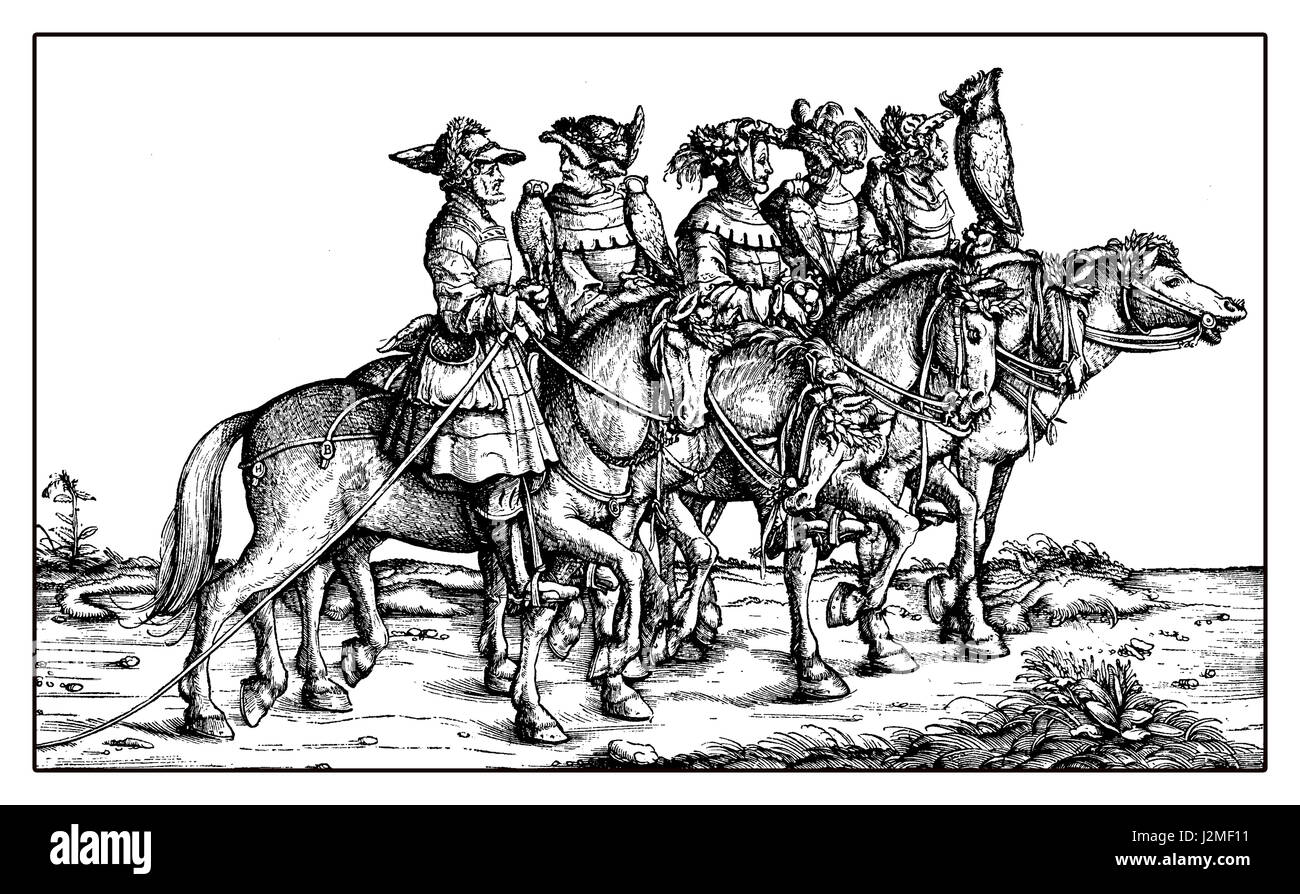 Falconers horseback from Triumph of Maximilian I, monumental woodcut prints from many artists of XVI century Stock Photo