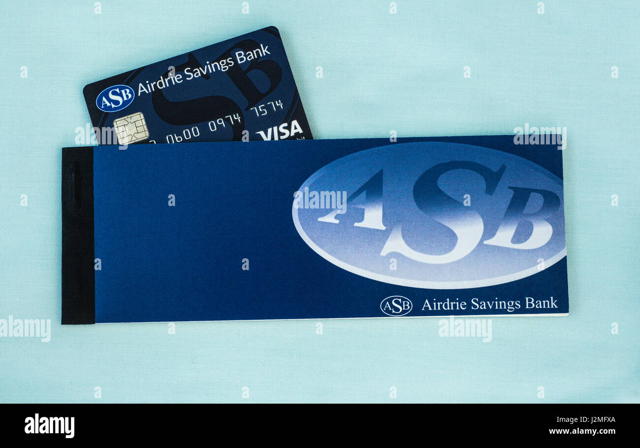 A cheque book and debit card issued by Airdrie Savings Bank, the UK's  last independent savings bank, which closed in 2017 after 182 years' trading. Stock Photo