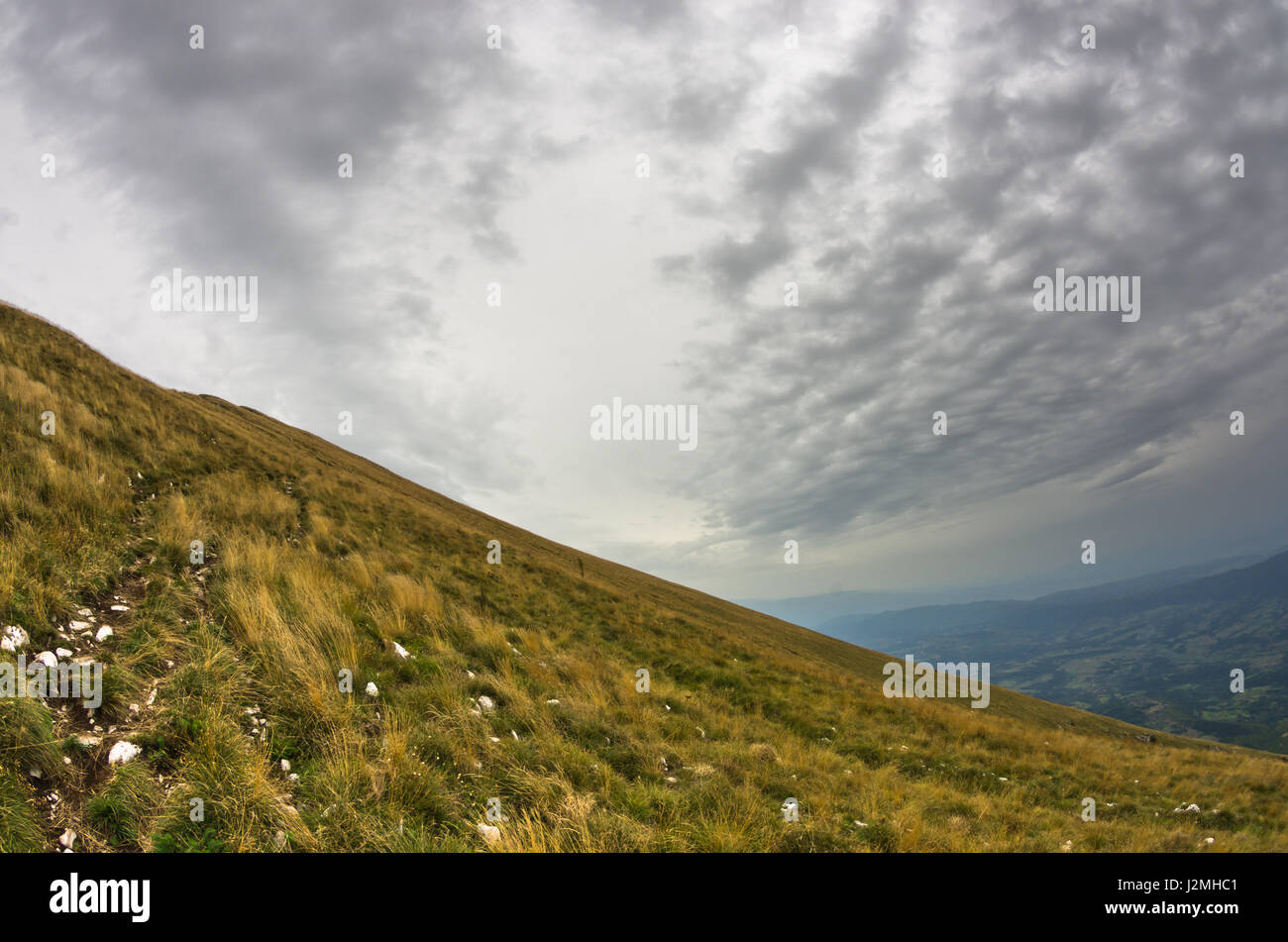 Hillside with trekking path to Trem peak at Suva Planina mountain in east Serbia Stock Photo