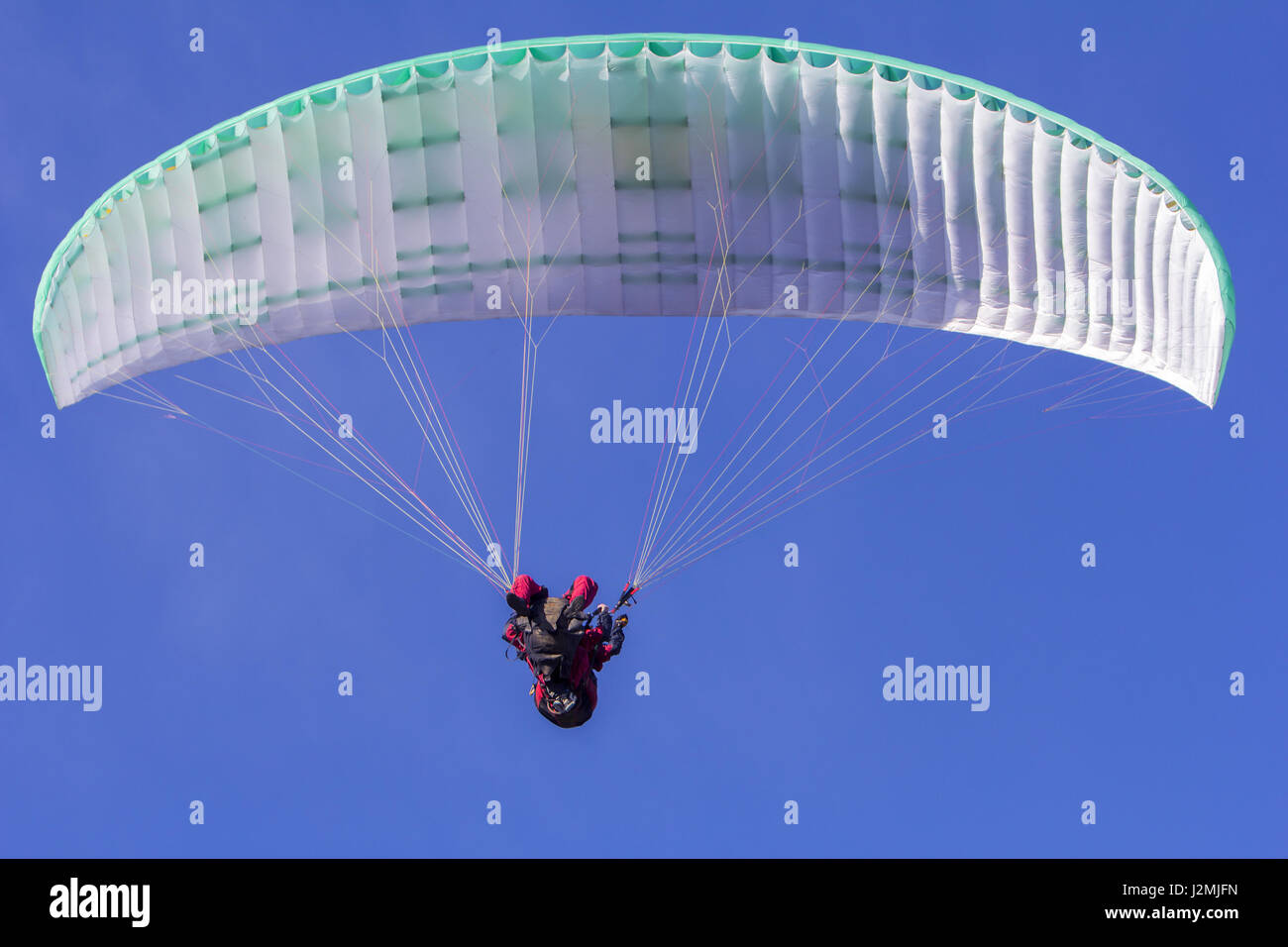 Paragliding in tandem, extreme sport, free gliding and blue sky as background Stock Photo