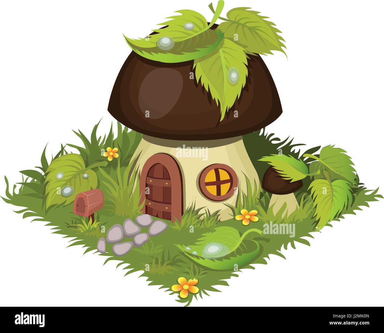Isometric Cartoon Fantasy Mushroom Village House Decorated with Leaves - Elements for Tileset Map Stock Vector