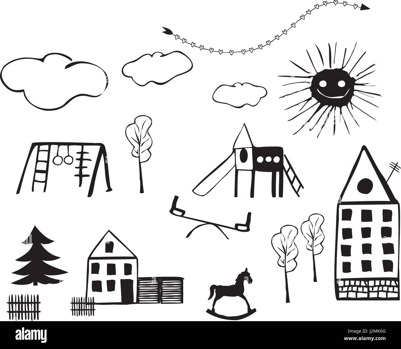 Kids Drawings Of Child Playgrounds Houses Trees Clouds And Toys