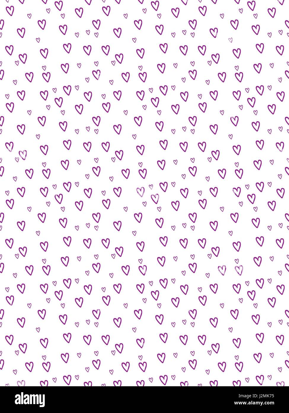 Hand-Drawn Hearts Seamless Background in Purple on White - Cartoon Vector Elements, Thick and Thin Stock Vector