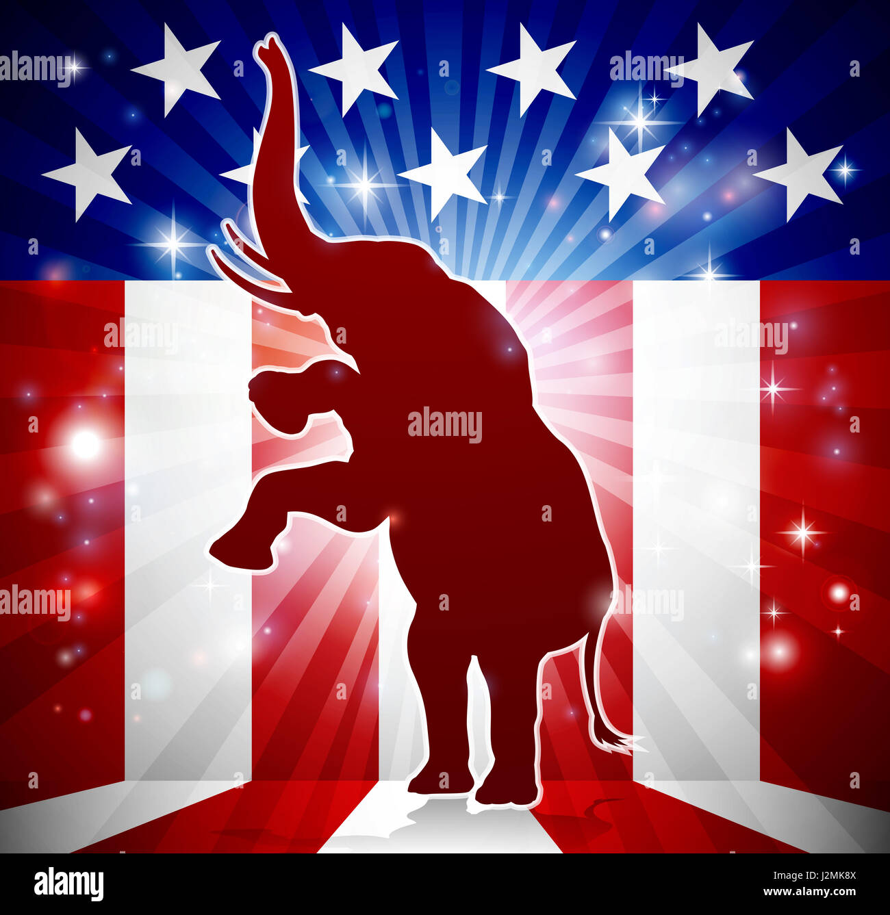 An elephant in silhouette rearing on hind legs with an American flag in the background republican political mascot Stock Photo