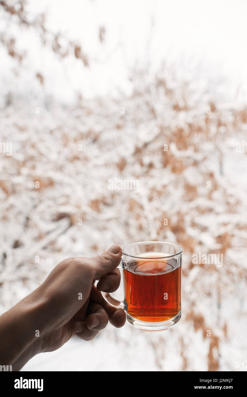 Transparent mug with tea. Hand holding a cup of tea. A mug of tea is hanging in the air In the morning the composition creates a good mood. Stock Photo