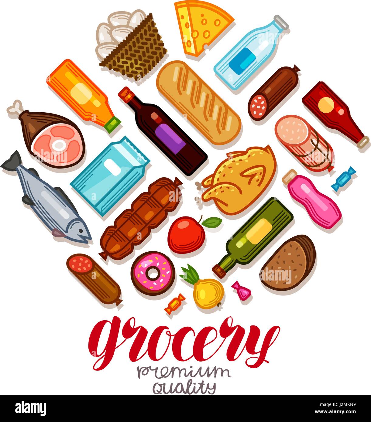 Grocery store, banner. Food and drinks icons set. Vector illustration Stock Vector