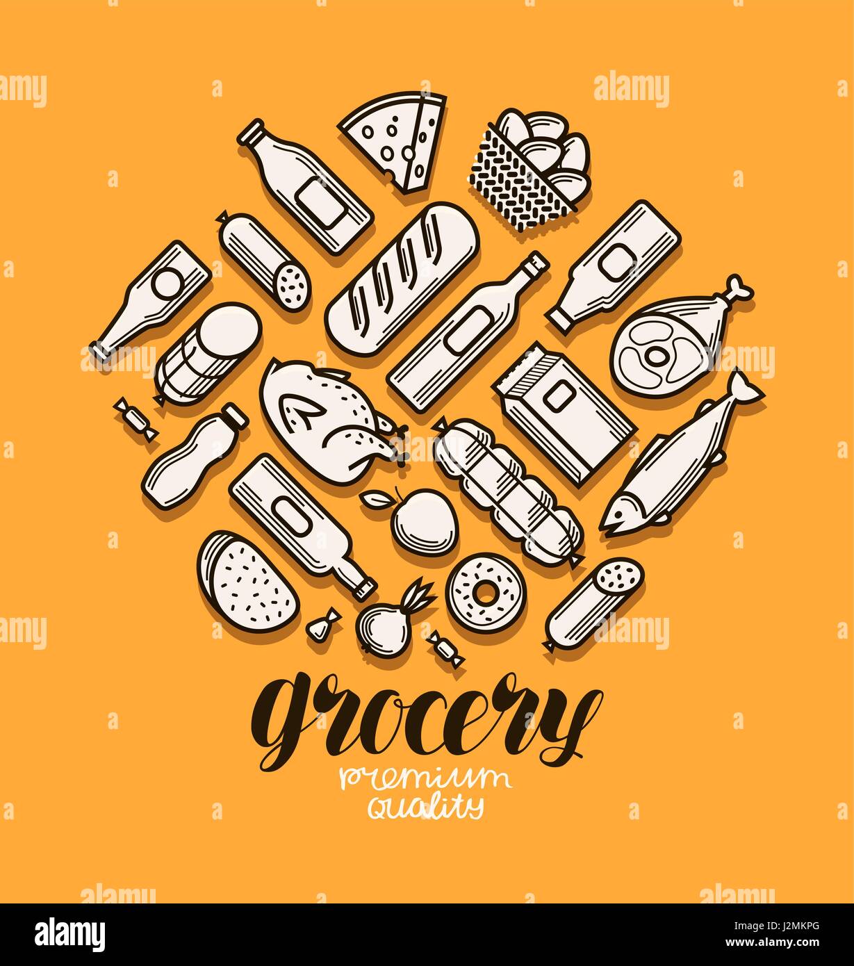 Food and drinks icons set. Grocery store banner. Vector illustration Stock Vector