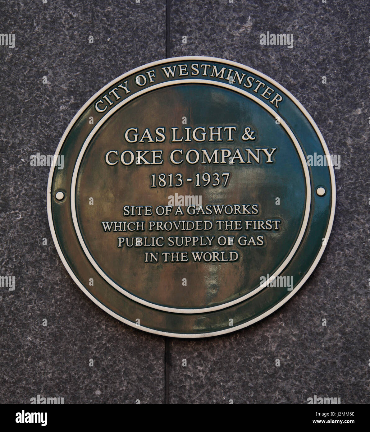 Site Plaque of the first  Public Gasworks supplying public gas in the world. Westminster London England. Stock Photo