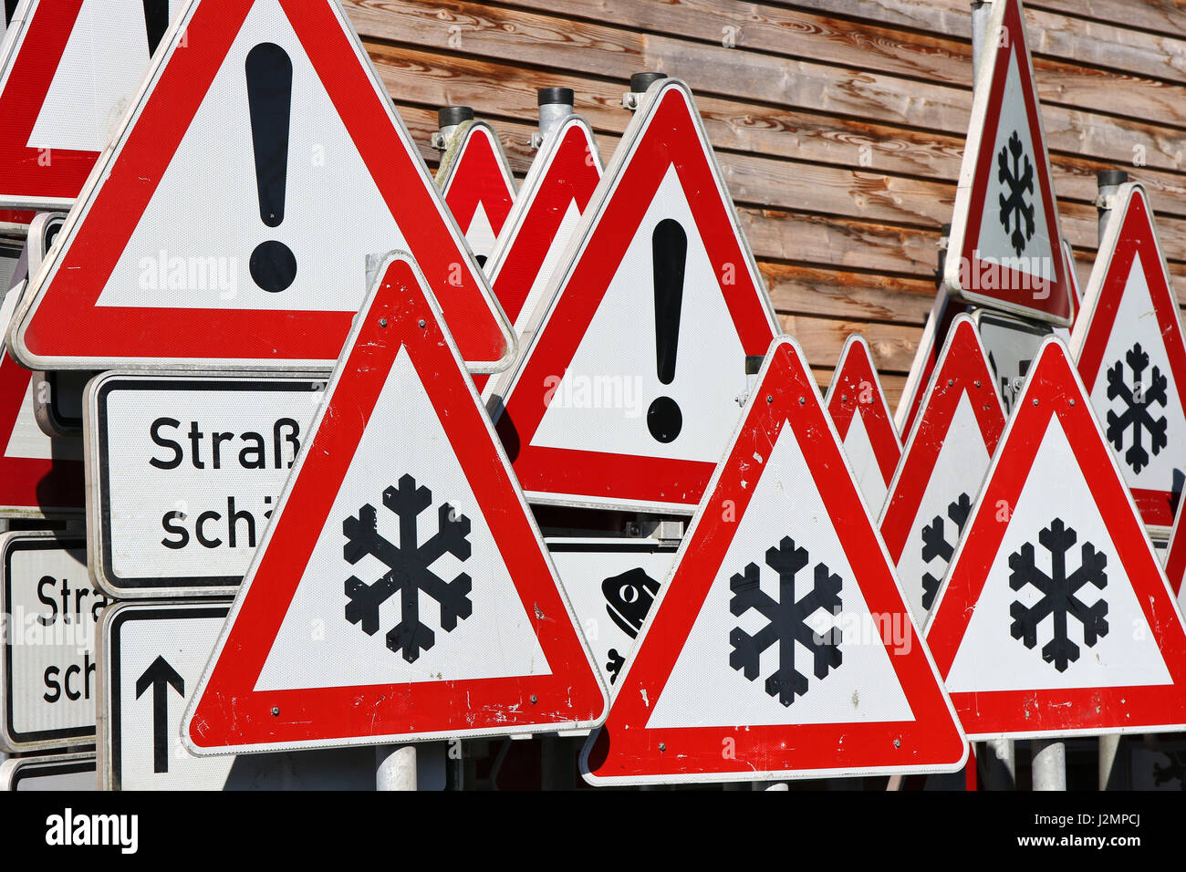 German traffic signs at road maintenance depot Stock Photo