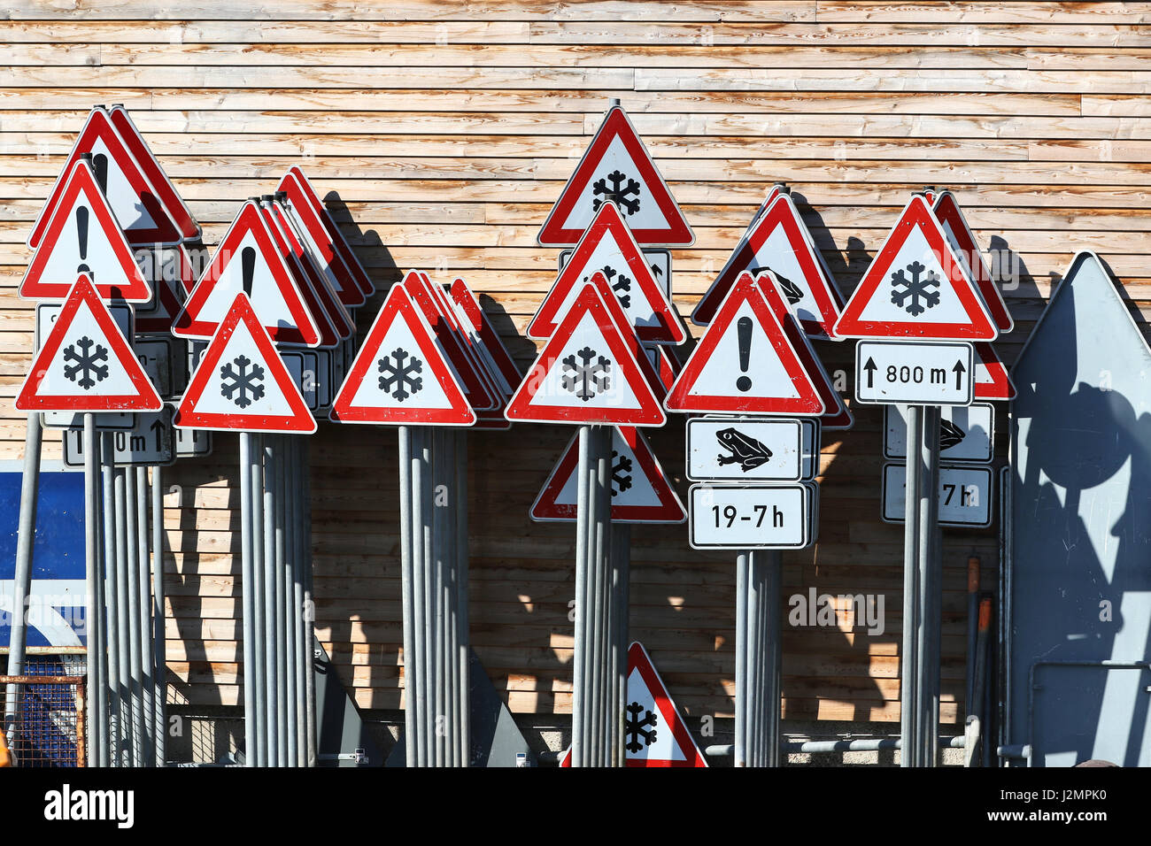 German traffic signs at road maintenance depot Stock Photo