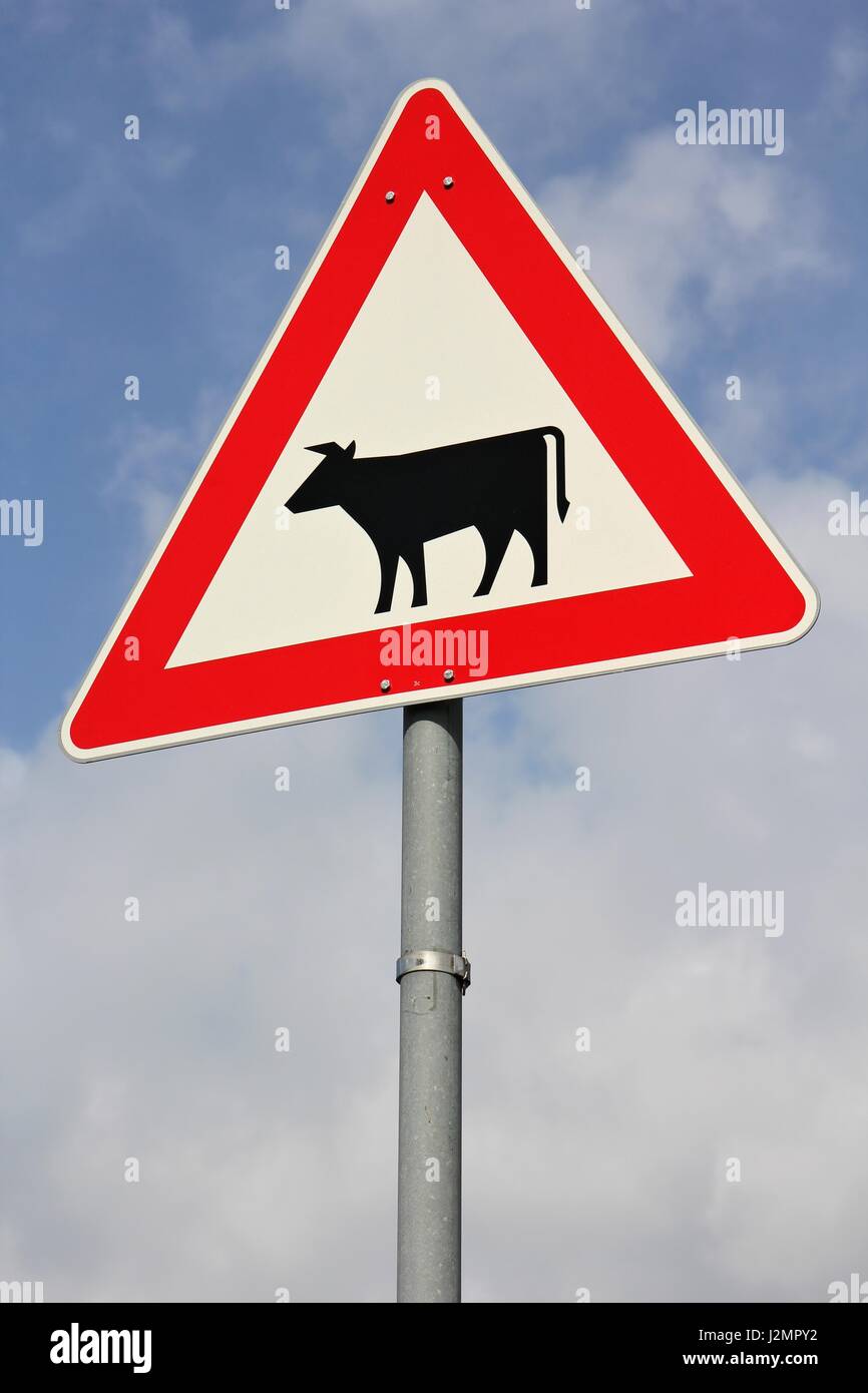 German road sign: domestic animals crossing Stock Photo