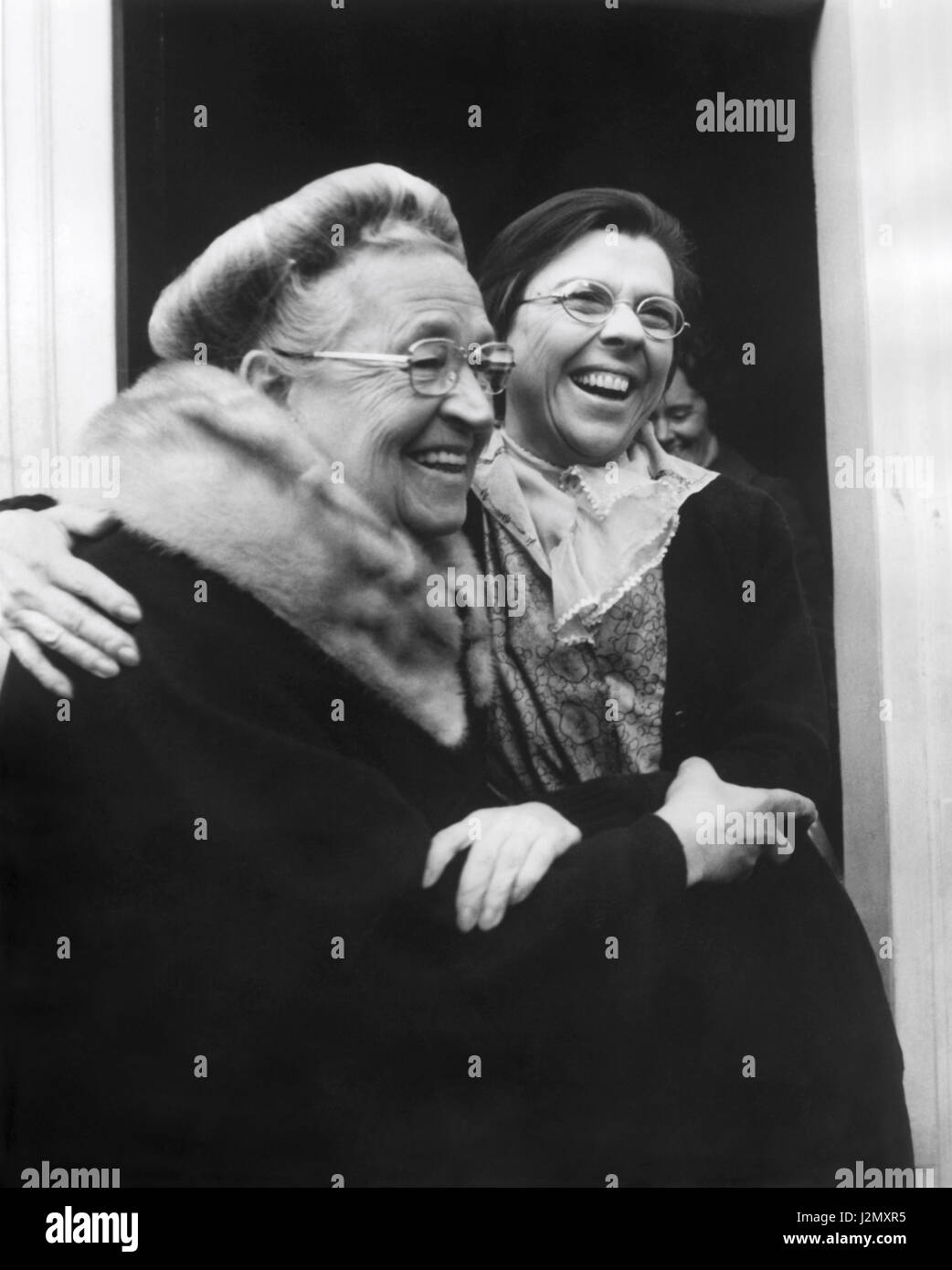 Corrie ten Boom, a Christian who helped many Jews escape the holocaust and who was herself a survivor of Nazi concentration camps, is show with actress Jeannette Clift who played the part of Corrie in the 1975 film, 'The Hiding Place.' Stock Photo