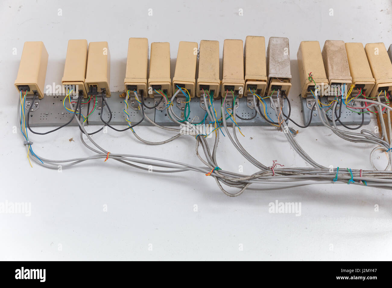 Old cluster of telephone connection boxes on wall Stock Photo Alamy