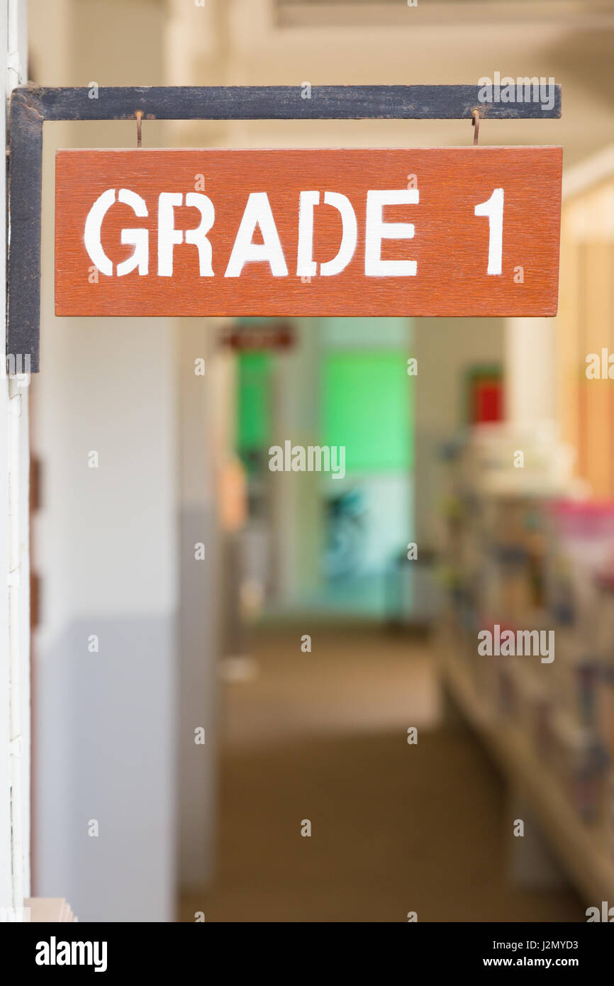 Elementary school, grade one sign at corridor outside of classrrom in the morning Stock Photo