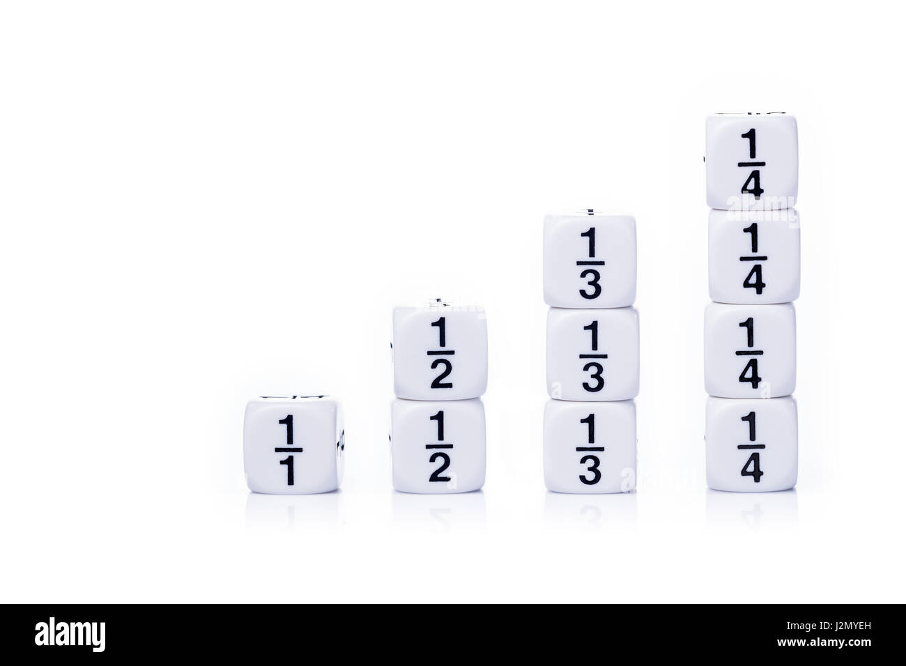 Stack up white fraction dices showing whole, half, third, and quarter numbers on white background with soft reflection Stock Photo