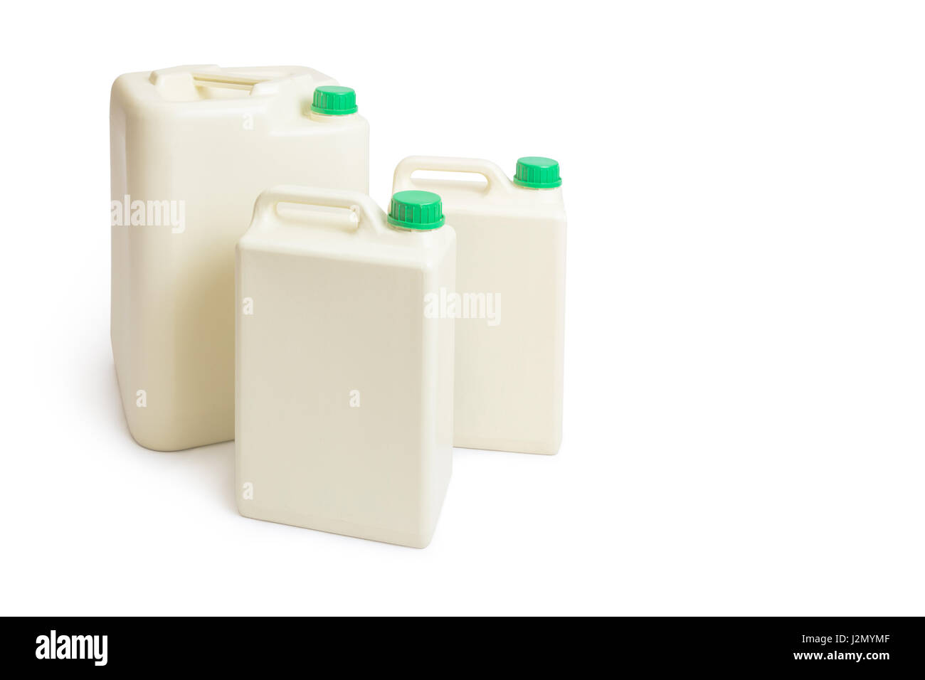 Plastic chemical gallon containers with green cap in two sizes, on