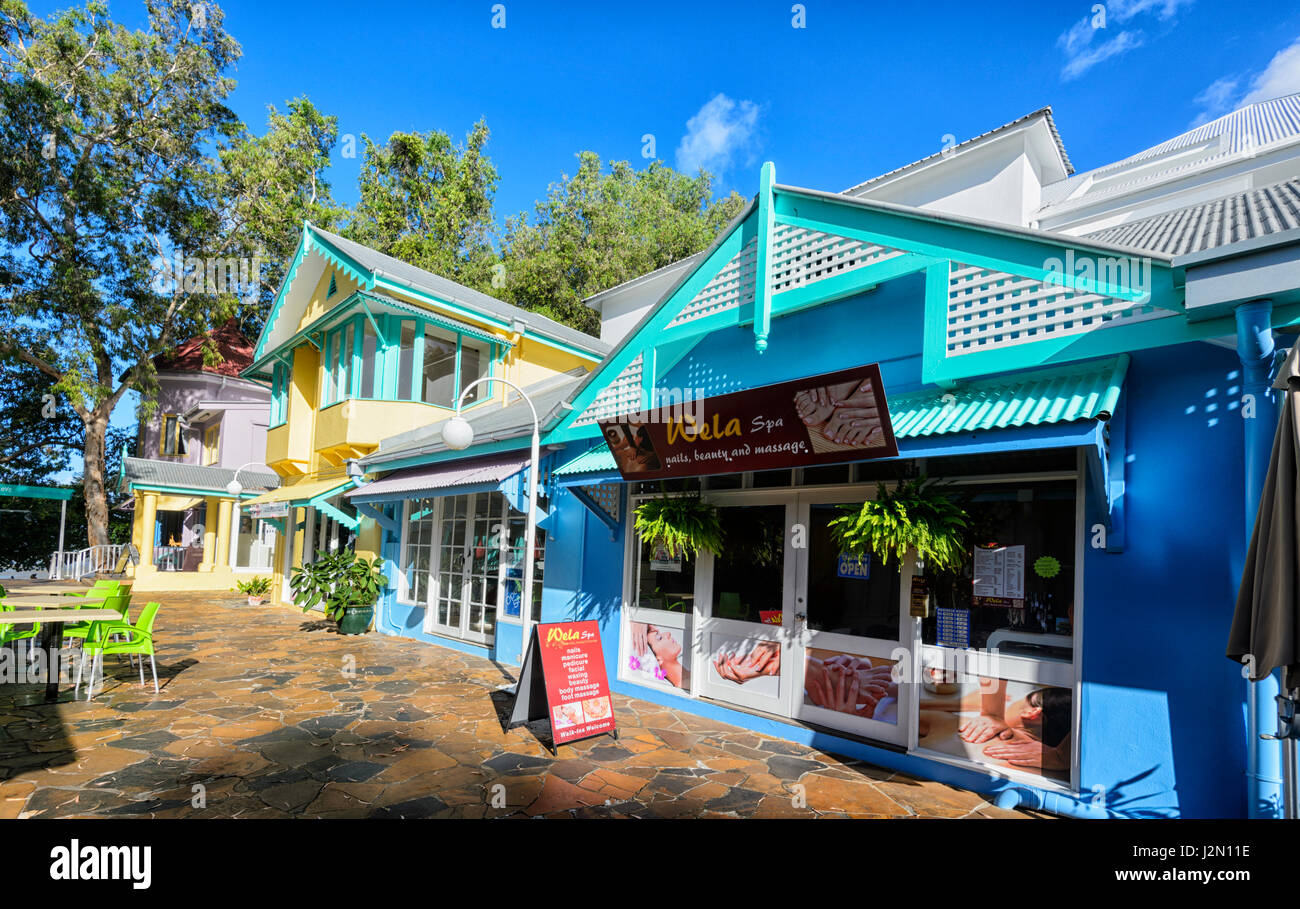 Colourful shops of Palm Cove Shopping Village, Northern Beaches suburb