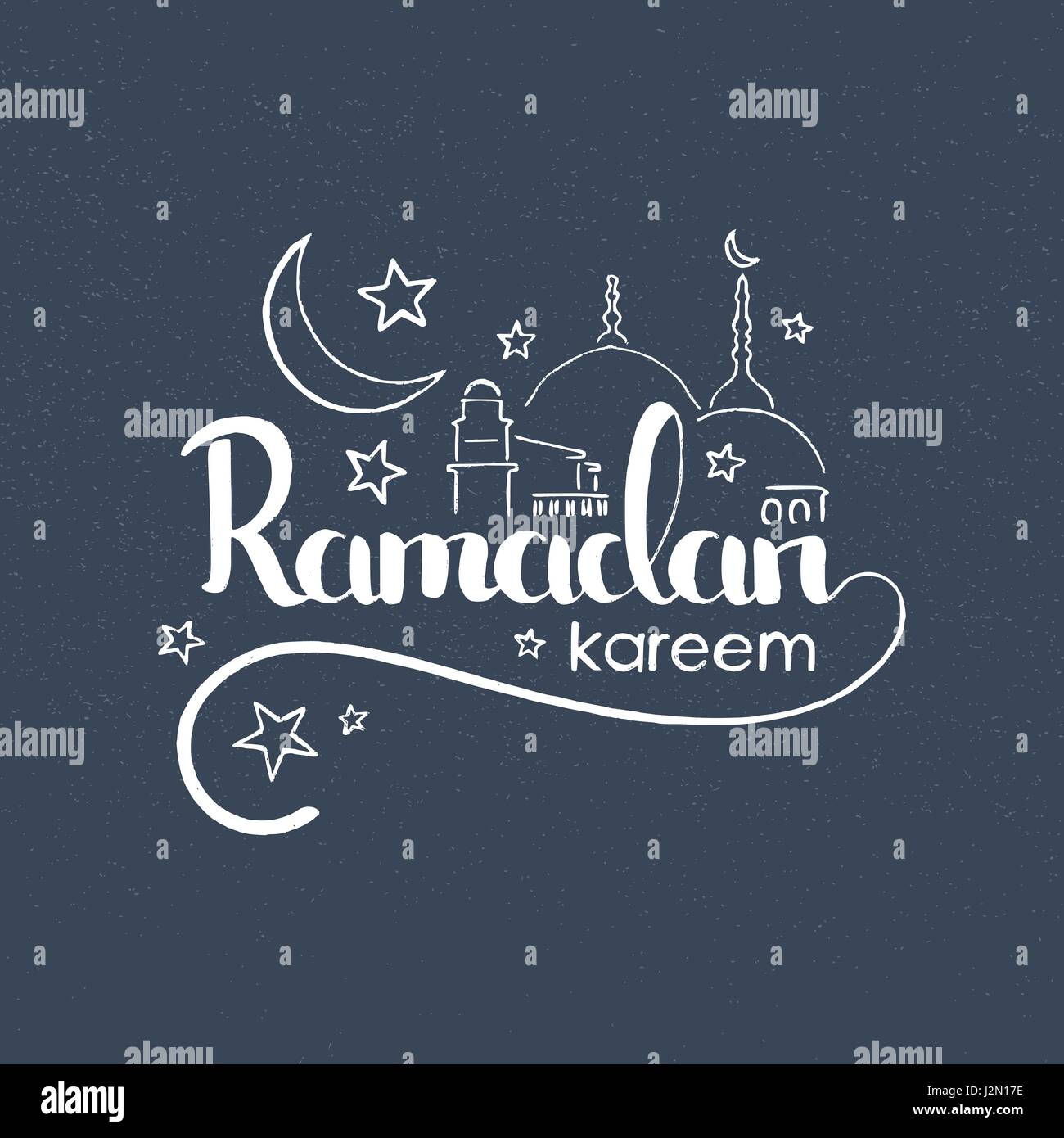 Ramadan Kareem handwritten lettering. Modern vector hand drawn calligraphy with mosque and grunge overlay texture over grey background Stock Vector