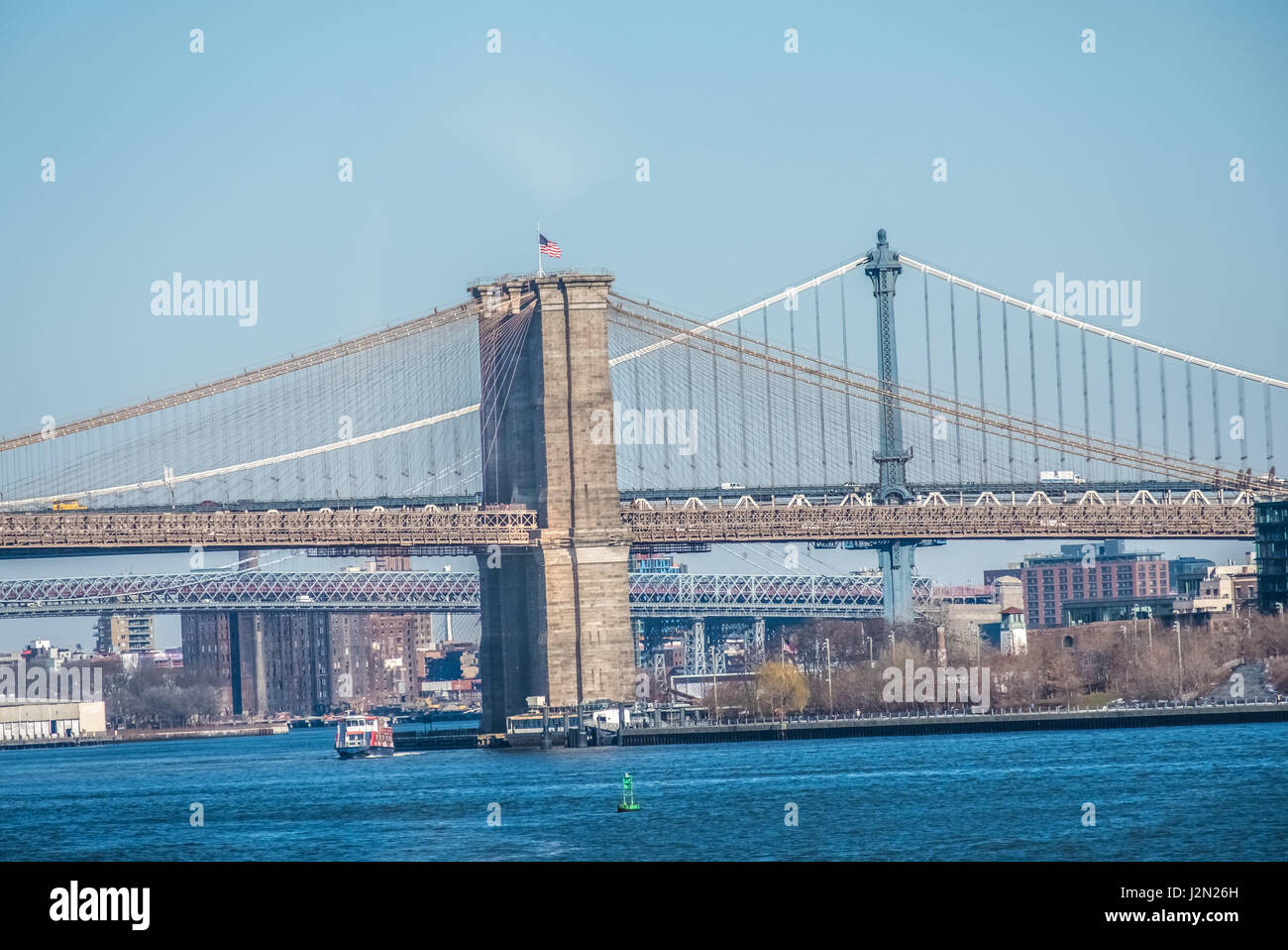 View of the main three bridges connecting Brooklyn and Manhattan: Brooklyn, Manhattan and Williamsburg Bridges, New York City Stock Photo
