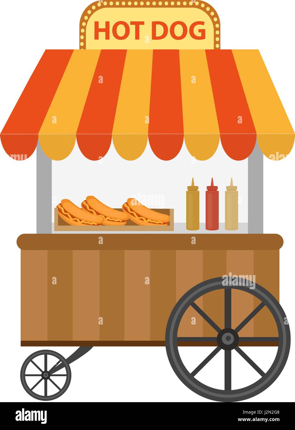 Hot dog street shop, cart. icon flat, cartoon style. Fast food concept isolated on white background. Vector illustration, clip-art. Stock Vector