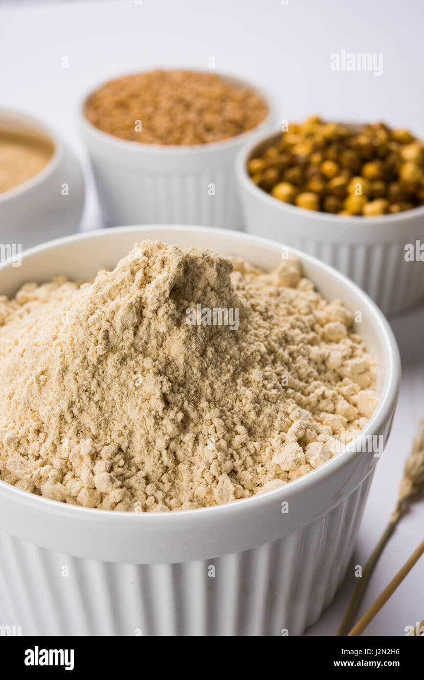 Sattu Atta / Satu or sattu cha Peeth is one of the best natural and nutritionally rich food.It is made from dry roasted and puffed wheat and chana dal Stock Photo