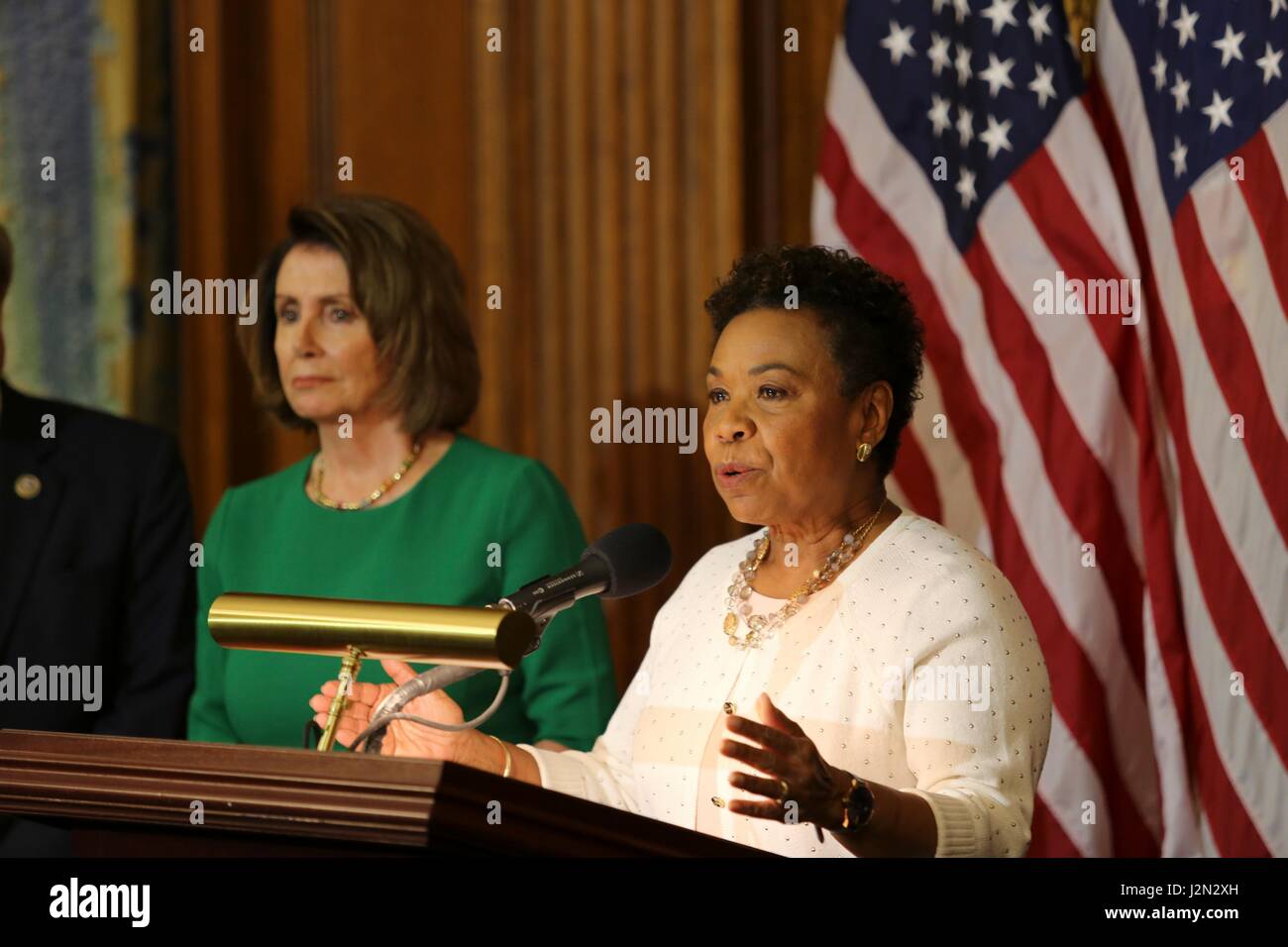 U.S. Congresswoman Rep. Barbara Lee of California joins Democrats to speak about President Donald Trump's first 100 days in office during a news conference on Capitol Hill April 28, 2017 in Washington, DC. Stock Photo