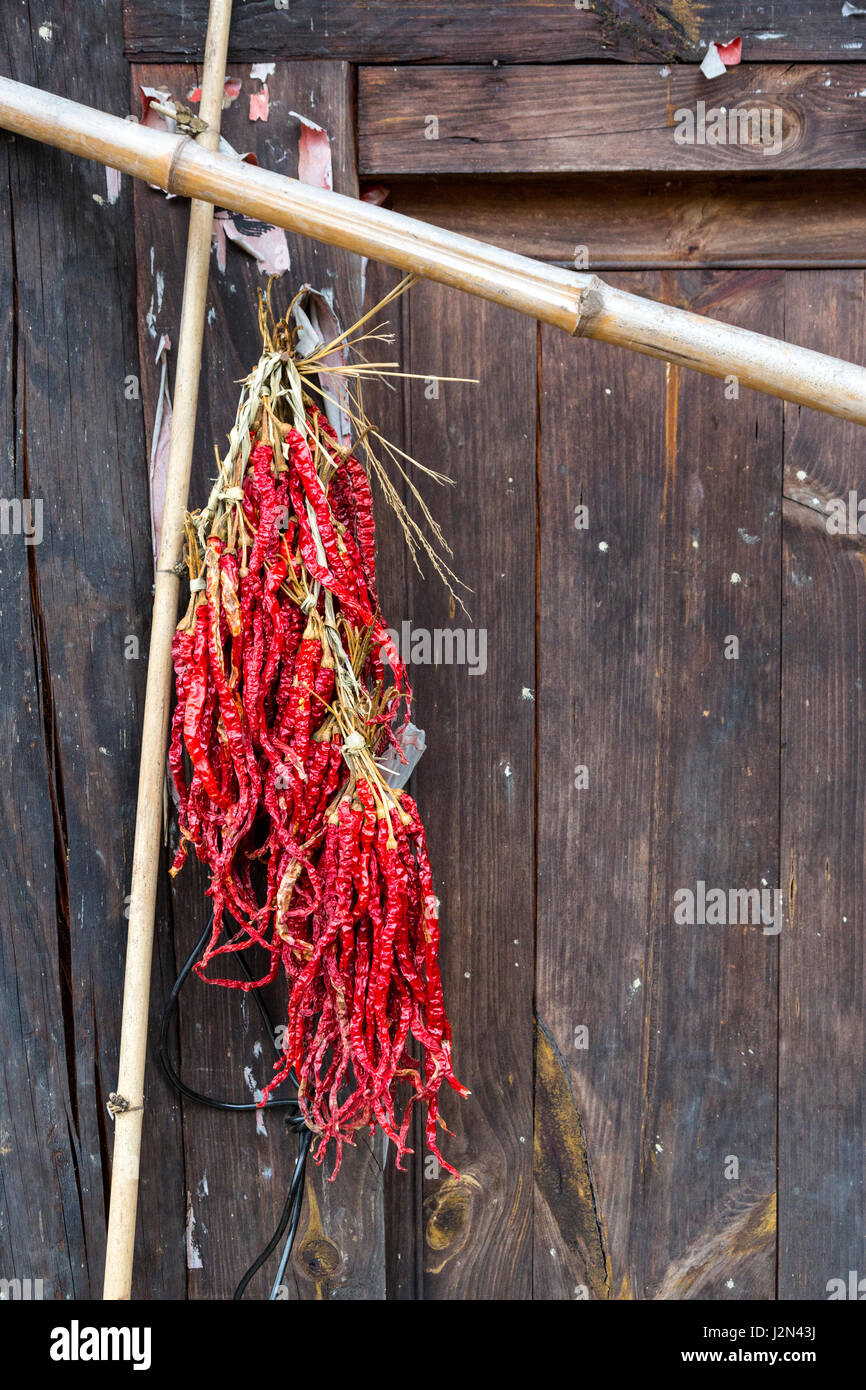 Matang, a Gejia Village in Guizhou, China.  Chilis Hanging near Entrance to Private Home. Stock Photo