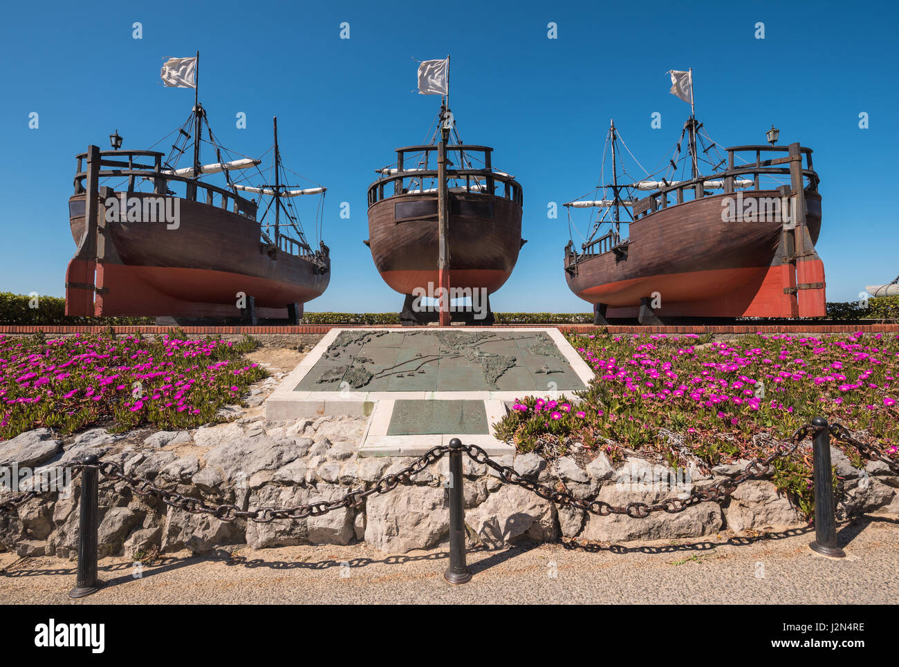 Santander, Spain - April 20, 2017: Monument to Christopher Colombus caravel Ships copys of America discovering, in the Magdalena park, Santander, Cant Stock Photo