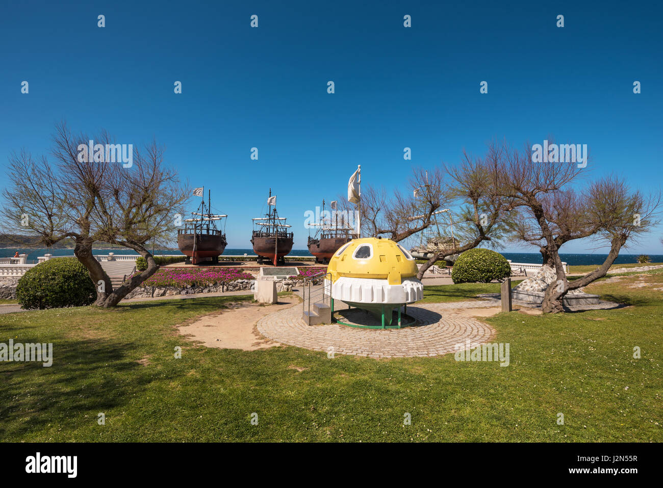 Santander, Spain - April 20, 2017: Monuments to sea exploration in La Magdalena park, in Santander, Cantabria, Spain Stock Photo