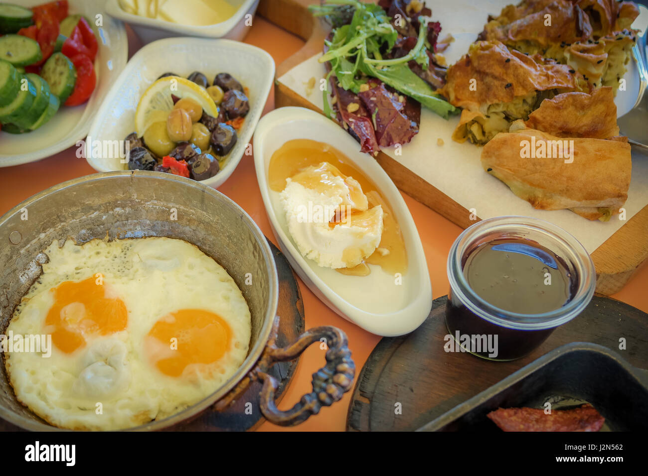 Traditional Turkish breakfast with plates of various food options