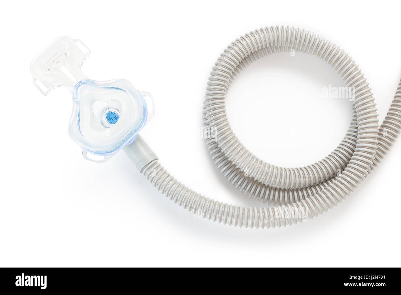 CPAP mask and hose on white background with drop shadow, to use with CPAP machine for people