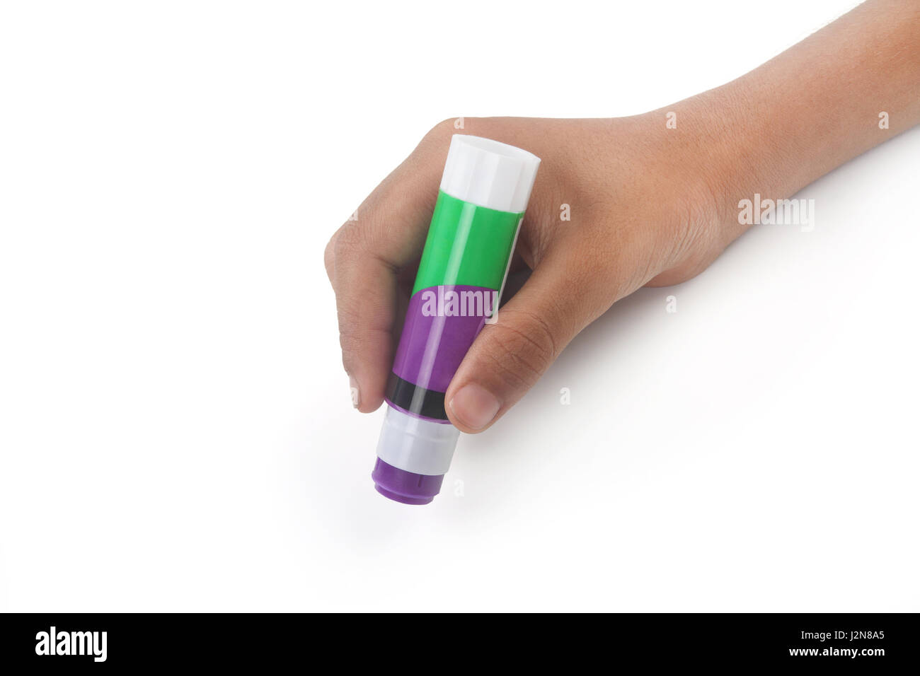 Glue Stick with Hand on White Background Stock Photo